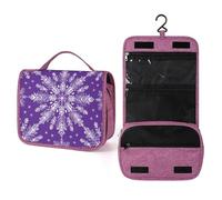 Neceser de viaje morado con patrón de copo de nieve blanco para mujer, organizador de maquillaje colgante con gancho para champú