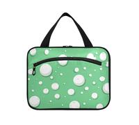 Neceser de viaje para hombre con diseño de lunares redondos blancos sobre un fondo verde con gancho, bolsa de artículos de aseo plegable de diseñador para artículos esenciales de viaje para mujeres