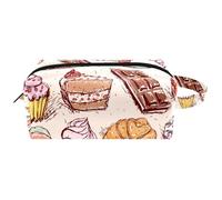 Neceser de viaje para mujer, bolsa de cosméticos de microfibra de piel para maquillaje, organizador práctico con cremallera, pasteles, caramelos, malvaviscos y café, multicolor, 8.2x3.1x3.5 in/21x8x9