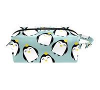 Neceser de viaje para mujer, bolsa de cosméticos de microfibra de piel para maquillaje, organizador práctico con cremallera, príncipes pingüinos felices con coronas, multicolor, 8.2x3.1x3.5 in/21x8x9