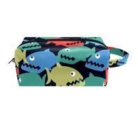 Neceser de viaje para mujer, bolsa de cosméticos de piel de microfibra para maquillaje, organizador práctico con cremallera, diseño de peces piraña coloridos, multicolor, 8.2x3.1x3.5 in/21x8x9 cm,