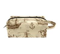 Neceser de viaje para mujer, bolsa de cosméticos de piel de microfibra para maquillaje, organizador práctico con cremallera, diseño de ancla de barco de vela viejo, monstruo marino, multicolor,