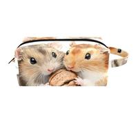 Neceser de viaje para mujer, bolsa de cosméticos de piel de microfibra para maquillaje, organizador práctico con cremallera, dos hámsteres luchan contra una nuez, multicolor, 8.2x3.1x3.5 in/21x8x9 cm,