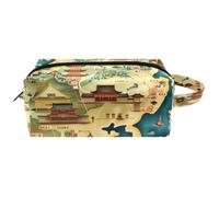 Neceser de viaje para mujer, bolsa de cosméticos de piel de microfibra para maquillaje, organizador práctico con cremallera, mapa de viaje de Japón, multicolor, 8.2x3.1x3.5 in/21x8x9 cm, Neceser