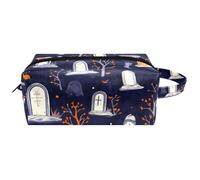 Neceser de viaje para mujer, bolsa de cosméticos de piel de microfibra para maquillaje, práctico organizador con cremallera, patrón de tumbas de Halloween, multicolor, 8.2x3.1x3.5 in/21x8x9 cm,