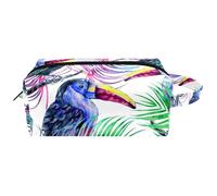 Neceser de viaje para mujer, bolsa de cosméticos de piel de microfibra para maquillaje, práctico organizador con cremallera, tucanes de acuarela, hojas de palma, multicolor, 8.2x3.1x3.5 in/21x8x9 cm,