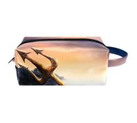 Neceser de viaje para mujer, bolsa de cosméticos de piel de microfibra para maquillaje, práctico organizador con cremallera, Tridente de Poseidón en rocas marinas, multicolor, 8.2x3.1x3.5 in/21x8x9