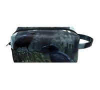 Neceser de viaje para mujer, bolsa de cosméticos de piel de microfibra para maquillaje, práctico organizador con cremallera, cuervos negros antes del castillo, multicolor, 8.2x3.1x3.5 in/21x8x9 cm,