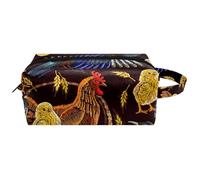 Neceser de viaje para mujer, bolsa de maquillaje de piel de microfibra con cremallera, bordado de pollos, urraca, pájaro, trigo, multicolor, 8.2x3.1x3.5 in/21x8x9 cm, Neceser