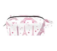 Neceser de viaje para mujer, bolsa de maquillaje de piel de microfibra con cremallera, diseño de la Torre Eifel rosa con corazones, multicolor, 8.2x3.1x3.5 in/21x8x9 cm, Neceser