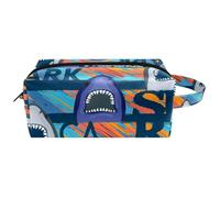 Neceser de viaje para mujer, bolsa de maquillaje de piel de microfibra con cremallera, diseño de tiburones de California en grunge Stipe, multicolor, 8.2x3.1x3.5 in/21x8x9 cm, Neceser
