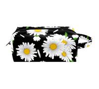 Neceser de viaje para mujer, bolsa de maquillaje de piel de microfibra con cremallera, flores de manzanilla en la oscuridad, multicolor, 8.2x3.1x3.5 in/21x8x9 cm, Neceser
