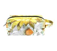 Neceser de viaje para mujer, bolsa de maquillaje de piel de microfibra con cremallera, girasol y flor de manzanilla, multicolor, 8.2x3.1x3.5 in/21x8x9 cm, Neceser