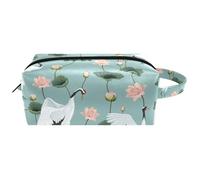 Neceser de viaje para mujer, bolsa de maquillaje de piel de microfibra con cremallera, grúas japonesas y loto, multicolor, 8.2x3.1x3.5 in/21x8x9 cm, Neceser