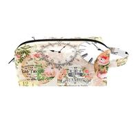 Neceser de viaje para mujer, bolsa de maquillaje de piel de microfibra con cremallera, reloj digital sobre fondo vintage de rosa de París, multicolor, 8.2x3.1x3.5 in/21x8x9 cm, Neceser