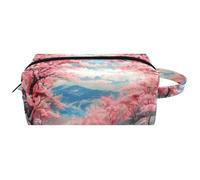 Neceser de viaje para mujer, bolsa de maquillaje de piel de microfibra para maquillaje, práctico organizador con cremallera, camino rural con cerezos en flor, multicolor, 8.2x3.1x3.5 in/21x8x9 cm,
