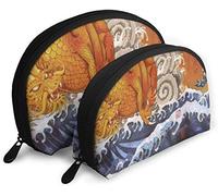 Neceser de viaje para mujer con diseño de dragón dorado y montaña japonesa, resistente al agua, 2 piezas, para maquillaje, organizador de cosméticos y artículos de tocador, neceser de viaje portátil
