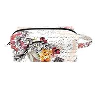 Neceser de viaje para mujer, de piel de microfibra, organizador con cremallera, diseño de la Torre Eiffel de París sobre notas de flores barrocas, multicolor, 8.2x3.1x3.5 in/21x8x9 cm, Neceser