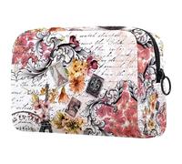 Neceser de viaje para mujer, diseño de la Torre Eiffel de París sobre flores barrocas, bolsa organizadora con cremallera, multicolor, 18.5x7.5x13cm/7.3x3x5.1in, Neceser