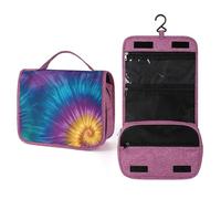 Neceser de viaje para mujer, diseño de remolinos de color índigo, turquesa, dorado y amarillo, organizador de maquillaje colgante con gancho para champú