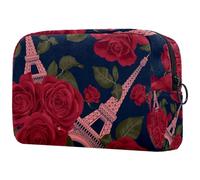 Neceser de viaje para mujer, diseño de rosas rojas y Torre Eifel de París, bolsa organizadora grande con cremallera, multicolor, 18.5x7.5x13cm/7.3x3x5.1in, Neceser