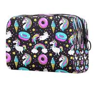 Neceser de viaje para mujer, diseño de unicornio y dona, arcoíris, estrella, color negro, bolsa organizadora con cremallera, multicolor, 18.5x7.5x13cm/7.3x3x5.1in, Neceser
