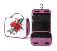 Neceser de viaje para mujer, diseño floral rojo, acuarela, follaje verde, organizador de maquillaje colgante con gancho para champú