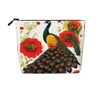 Neceser de viaje versátil con flores rojas de pavo real, bolsa de maquillaje de cáñamo falso, multiusos, organizador de accesorios cosméticos, Black, Talla única