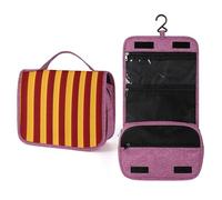 Neceser de viaje vertical con patrón de rayas amarillas oscuras y rojas para mujer, organizador de maquillaje colgante con gancho para champú