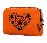 Neceser grande con cremallera para mujer, diseño de corazón y pata, color naranja, con texto en inglés "I Love Animals", multicolor, 18.5x7.5x13cm/7.3x3x5.1in, Neceser
