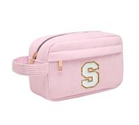 Neceser Maquillaje Mujer Personalizado Inicial, Bolsa de Cosméticos de Viaje, Gran Capacidad Neceser de Maquillaje de Pana, Regalo Cumpleaños Navidad para Mujeres Novias Mejores Amigas, Rosa S