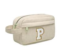 Neceser Maquillaje Mujer Personalizado Inicial, Bolsa de Cosméticos de Viaje, Gran Capacidad Neceser de Maquillaje de Pana, Regalo Cumpleaños Navidad para Mujeres Novias Mejores Amigas, Beige P