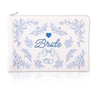 Neceser Maquillaje Novia, 17x25cm Gran Capacidad Neceser Novia Floral Azules y Blancas de Lazo Flores Anillo de Boda Diseño para Despedida Soltera Boda Compromiso Regalo