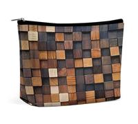 Neceser moderno de piel sintética con diseño de tablones de madera marrón para mujer. Estuche de maquillaje portátil de viaje con cremallera. Bonito neceser. Regalo ideal para chicas, mujeres y mamás.