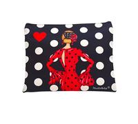 Neceser o Estuche Granada Flamenca “María Rojo” - Diseño Doble Cara - Fondo Negro con Lunares Blancos - 22x17 cm - Impermeable - Bolsa de Aseo, Maquillaje o Material Escolar