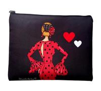 Neceser o Estuche Granada Flamenca “María Rojo” - Diseño Doble Cara - Fondo Negro con Lunares Blancos - 22x17 cm - Impermeable - Bolsa de Aseo, Maquillaje o Material Escolar