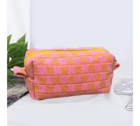 Neceser organizador de maquillaje a cuadros para mujeres y niñas, Anaranjado/Rosado, Bolsa de maquillaje con bloques de color de tablero de ajedrez