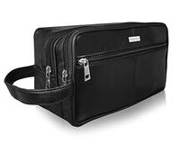 Neceser para artículos de tocador Roamlite RL215, de piel auténtica, suave, color negro, unisex, con dos compartimentos con cierre y asa de transporte, ideal para viajes, gimnasio, ducha