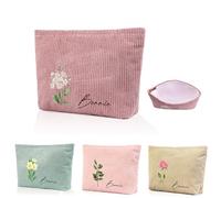 Neceser para Mujer Personalizado Bolsa de Aseo con Nombre y Flor de Cumpleaños Grabados con Cremallera (Pana-Rosa)