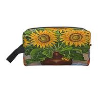 Neceser para Mujeres y Hombres Neceser Impermeable para cosméticos Bolsa de Maquillaje de Viaje Organizador con asa Girasoles florecientes en jarrón Bolsa de Almacenamiento de Pintura al óleo