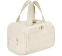 Neceser para viajes, gran capacidad, separación en seco y húmedo, cremalleras dobles, boca ancha, PVC suave y ligero, asas superiores, organizador de maquillaje, beige