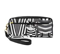 Neceser pequeño de maquillaje con diseño de gatito a rayas blancas y negras, estuche de doble cara de piel sintética