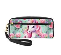Neceser pequeño de maquillaje con diseño de unicornio rosa, estuche de doble cara de piel sintética
