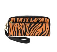 Neceser pequeño de piel con estampado de rayas de tigre y rayas naranjas, organizador de accesorios de cosméticos reutilizable, bolsa de aseo de viaje