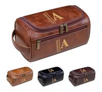 Neceser personalizado para hombre, grabado con nombre o texto, bolsa de afeitar de piel sintética para viajes, regalo para él, marido, padre, Brown, talla única, Neceser