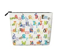Neceser portátil con diseño de alfabeto de animales coloridos, cáñamo falso, bolsa de maquillaje grande, resistente al agua, bolsa de aseo de viaje