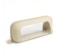 Neceser rectangular blanco con panel frontal transparente y cremallera dorada, bolsa organizadora de piel sintética suave para brochas de maquillaje, bolígrafos, pequeñas herramientas de belleza