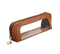 Neceser rectangular blanco con panel frontal transparente y cremallera dorada, bolsa organizadora de piel sintética suave para brochas de maquillaje, bolígrafos, pequeñas herramientas de belleza