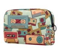 Neceser retro con cintas de casete para mujer, neceser de viaje, bolsa organizadora de maquillaje grande con cremallera, multicolor, 18.5x7.5x13cm/7.3x3x5.1in, Neceser