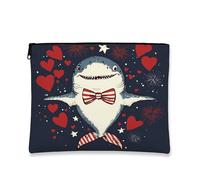 Neceser retro con dijes de tiburón con motivos de corazón, estuche de viaje para mujer, bolsa compacta de lona con cremallera, perfecta para festivales de verano, marino, 7x9 Inch, Tiburón
